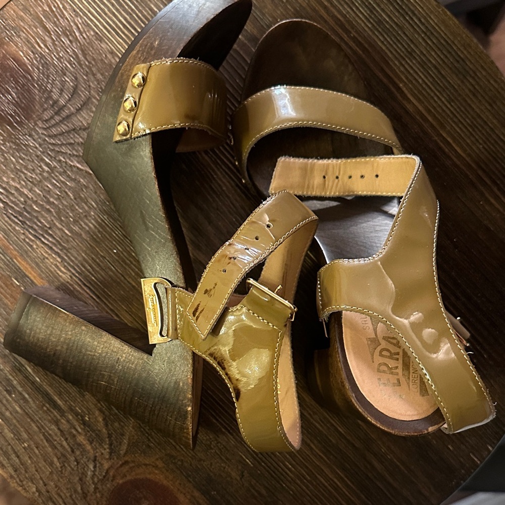 Salvatore Ferragamo Olive Green Wedge Sandals